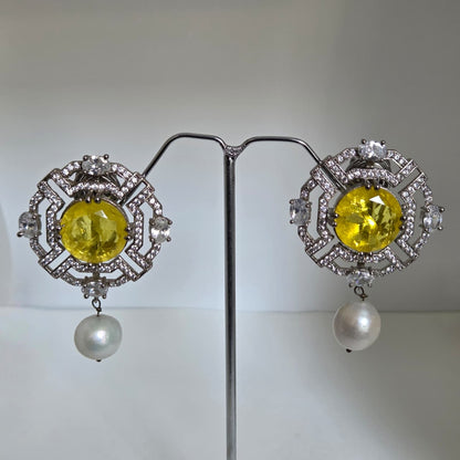 Zircon and Pearl Earrings with Bright Center Stone