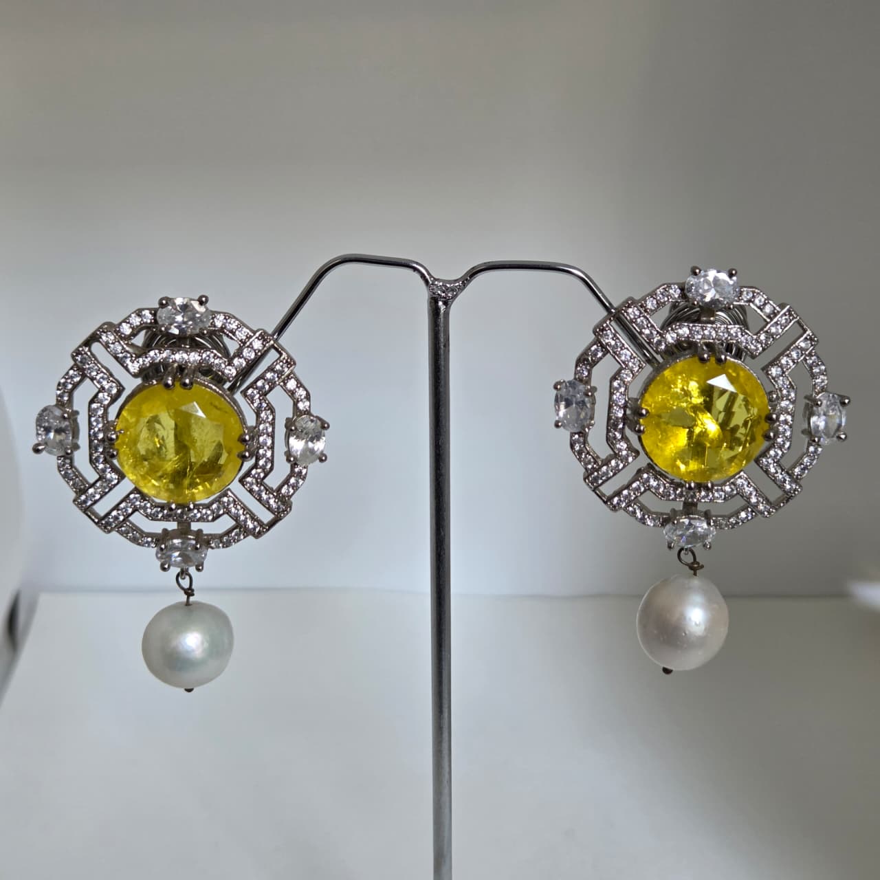 Zircon and Pearl Earrings with Bright Center Stone