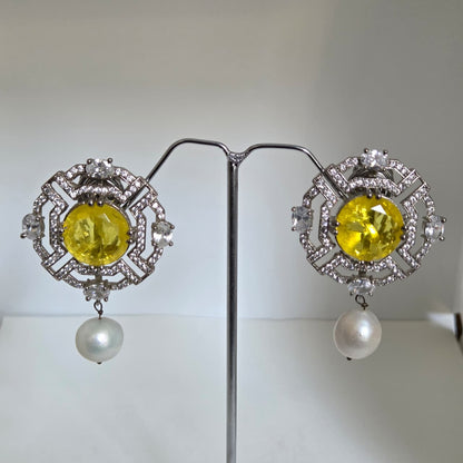 Zircon and Pearl Earrings with Bright Center Stone