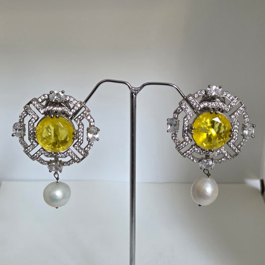 Zircon and Pearl Earrings with Bright Center Stone
