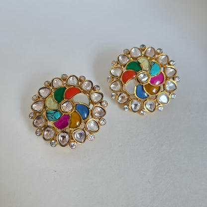 Multicolour Kundan Floral Stud Earrings