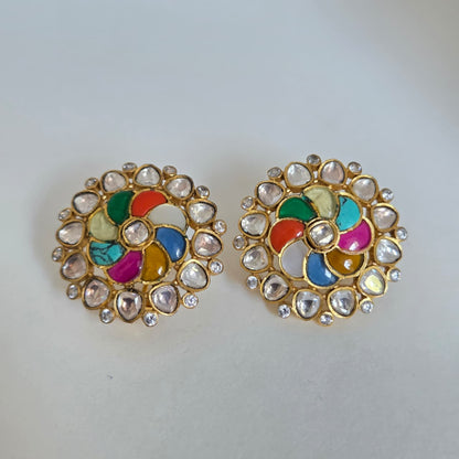 Multicolour Kundan Floral Stud Earrings