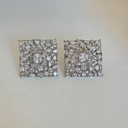 Square Studs with Fancy Cut Zircon Accents