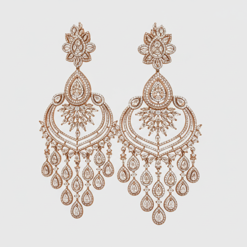 Zircon Chandelier Earrings in Rose Gold Finish