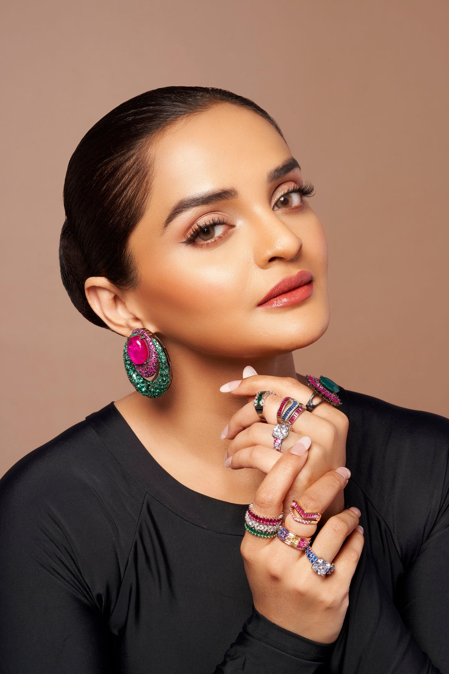 Black Rhodium Finish Green and Pink Doublet  Crystal Earrings