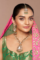 Long Kundan Polki Necklace Set with Fresh Green Beads