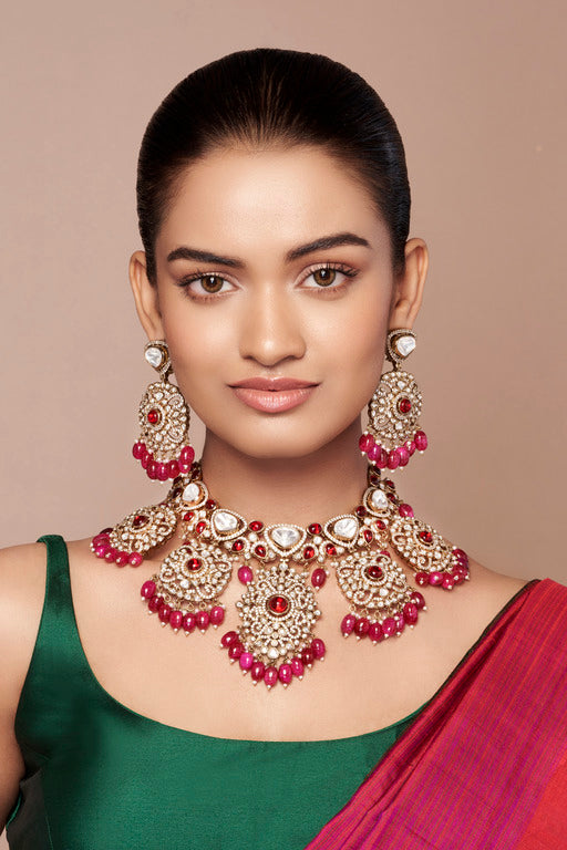 Ethnic Kundan Bridal Necklace Set with Red Beads