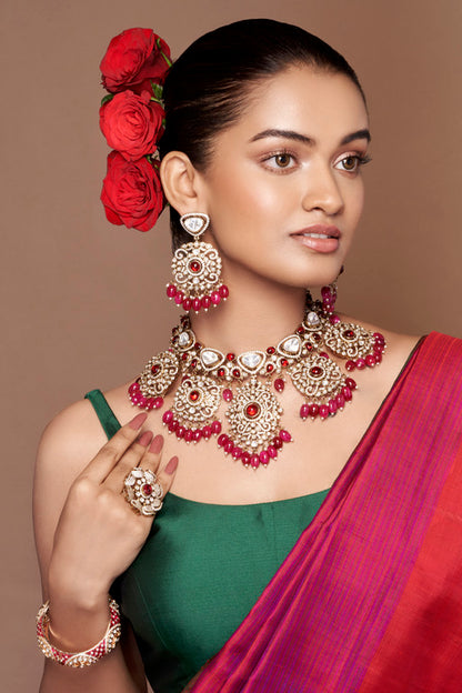 Ethnic Kundan Bridal Necklace Set with Red Beads
