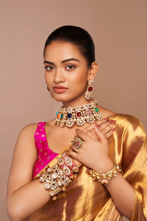 Kundan Necklace Set with Multi-coloured Stones