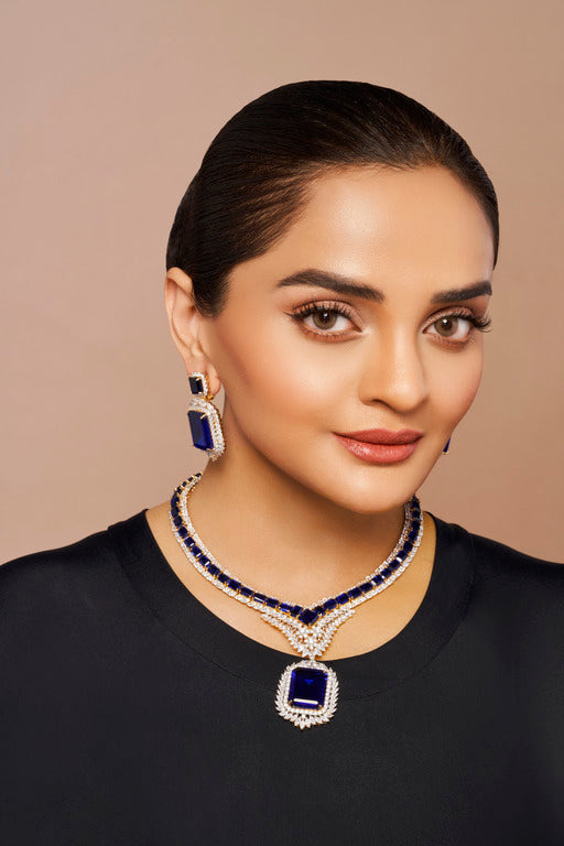 Crystal Doublet Studded Exquisite Necklace Set with Royal Blue Stone