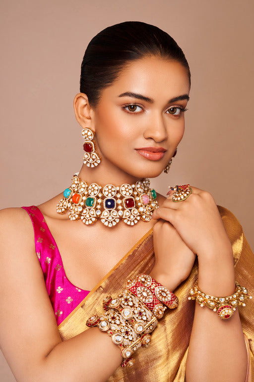 Kundan Necklace Set with Multi-coloured Stones