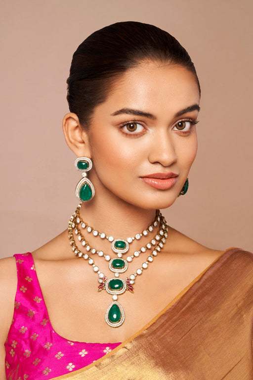 Three Layered Kundan Necklace Set with Green Stones