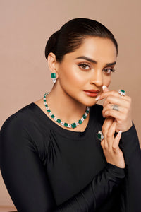 Zircon and Emerald Necklace Set in White Finish