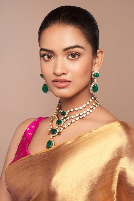 Three Layered Kundan Necklace Set with Green Stones