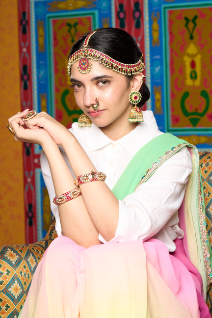 Gold Finish Enamelled Kundan Bangle Set of Two