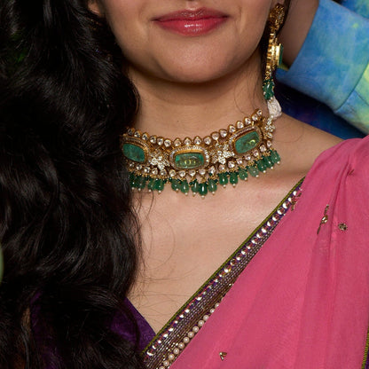 Gold Finish Jade Green Stone Utsav Kundan Choker Set with Pearl String