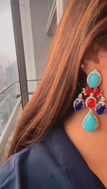 White Finish Vibrant Multi Stone Studded Danglers