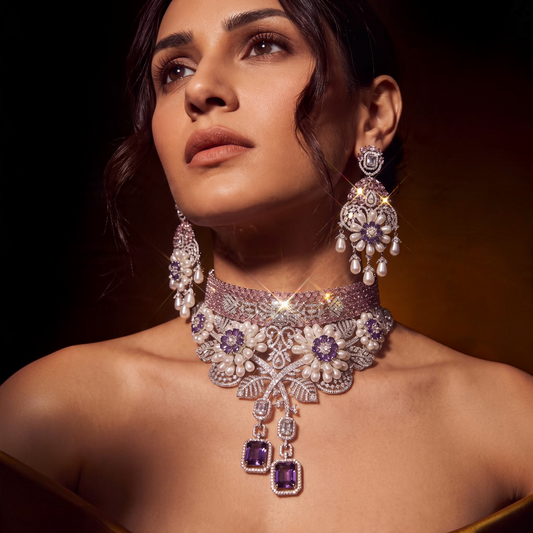 Pearl Floral Rhodium Choker Necklace Set