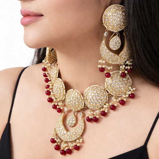 White Kundan Choker Set With Red Beads