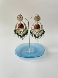 Kundan Dangling Earrings with Green Enamel and Red Beads