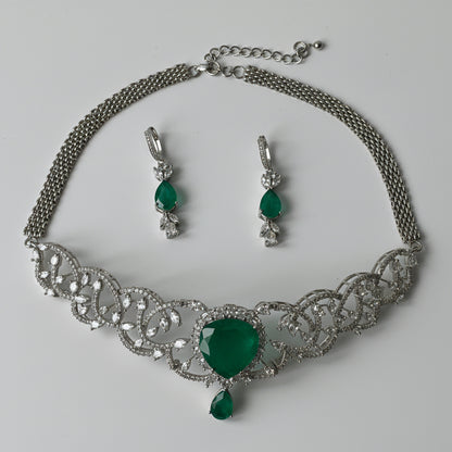 Zircon Choker Set With Green Centre Motif and Chain ClosureStudio6Jewels