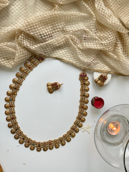 Long Temple Motif Necklace Set with Multicolored StonesStudio6Jewels