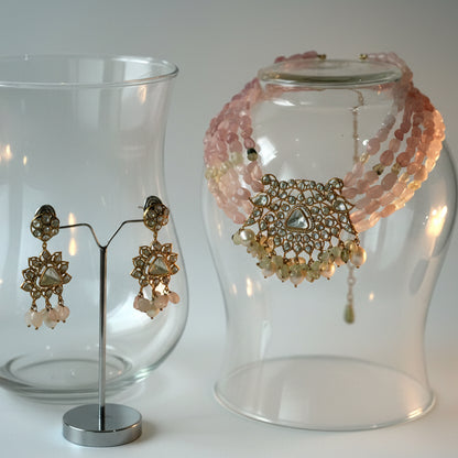 Pastel Pink Tumbled Stone Kundan Necklace Set