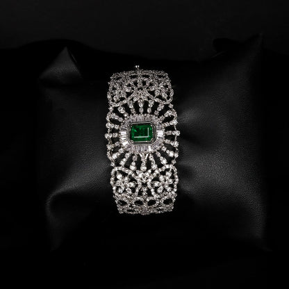 Openable Broad Bracelet With Zircon and Central Synthetic EmeraldStudio6Jewels