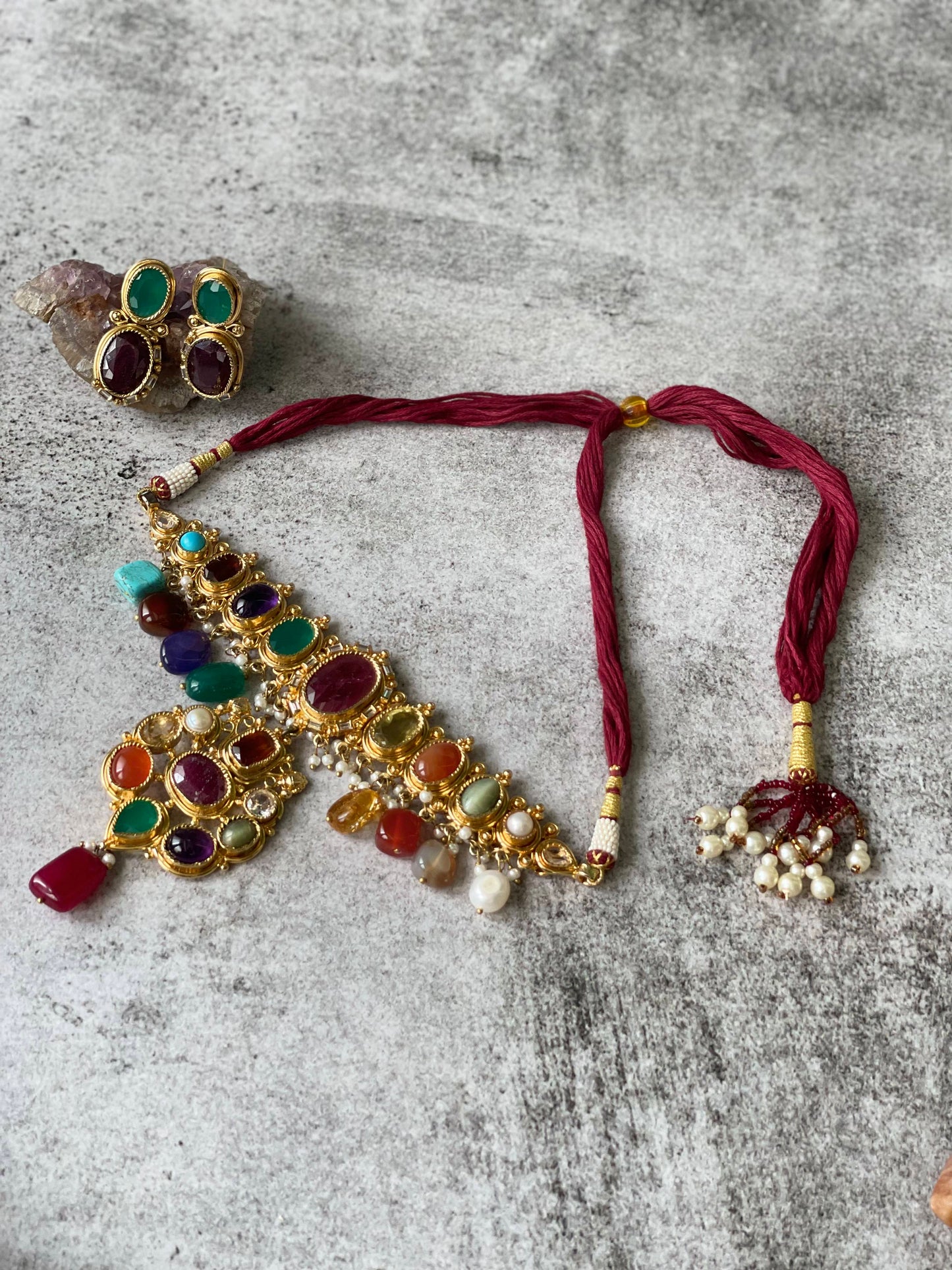 Vibrant Navratna Choker paired with EarringsStudio6Jewels