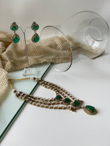 Three Layered Kundan Necklace Set with Green StonesStudio6Jewels