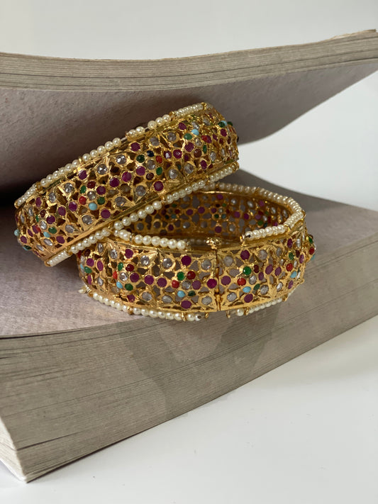 Multi Stone Studded Jadau Pearl BanglesStudio6Jewels