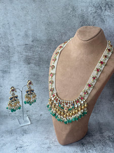 Long Pearl Pacchi Kundan Necklace Set with Green BeadsStudio6Jewels