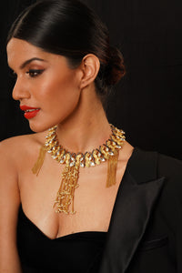 Golden Castle Necklace with Leafy Motifs and Chain Tassels