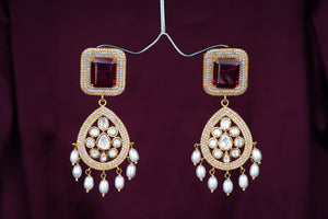 Gold Finish Red Stone with Kundan and Pearl EarringsStudio6Jewels
