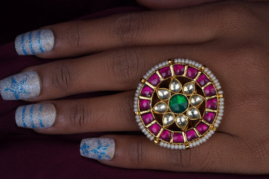 Gold Finish Pink Stone Kundan RingStudio6Jewels