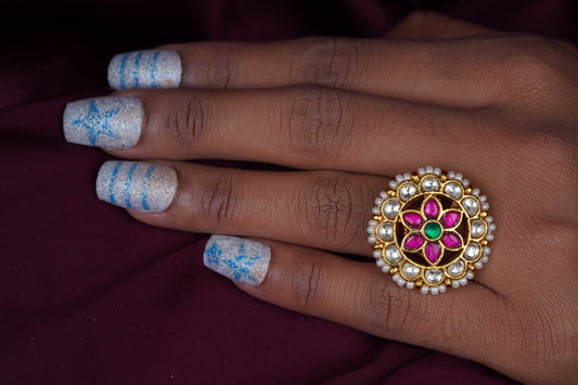 Pink Stone and Pearl Kundan RingStudio6Jewels