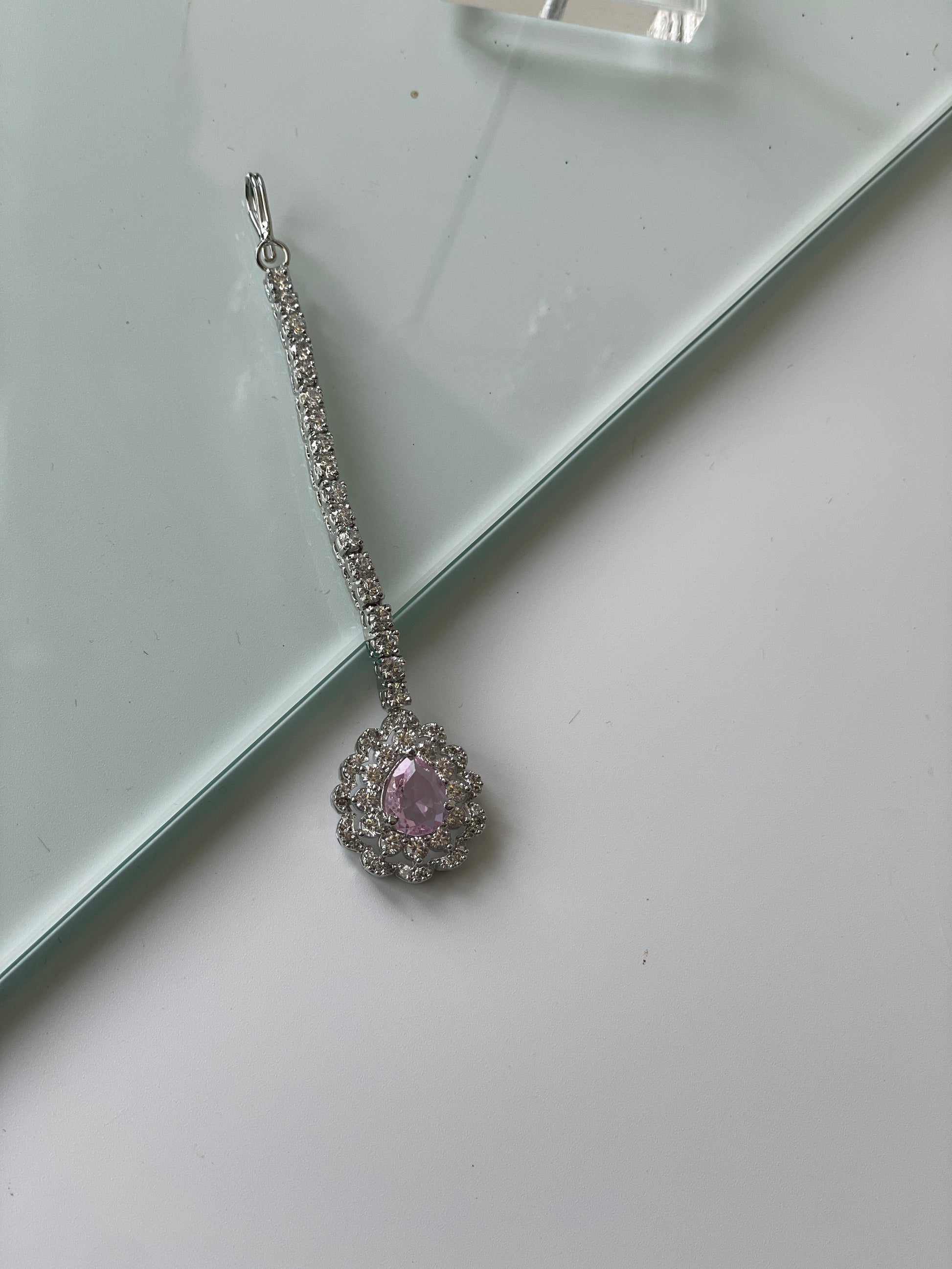 Minimal Maang Tikka with Zircon and Pink Tear Drop StoneStudio6Jewels